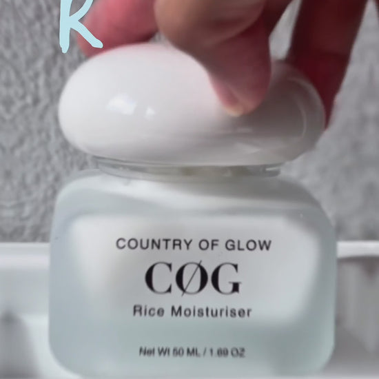 Country of Glow Rice Moisturiser shown in its jar, followed by a close-up of the cream’s texture and a person applying it to their face.