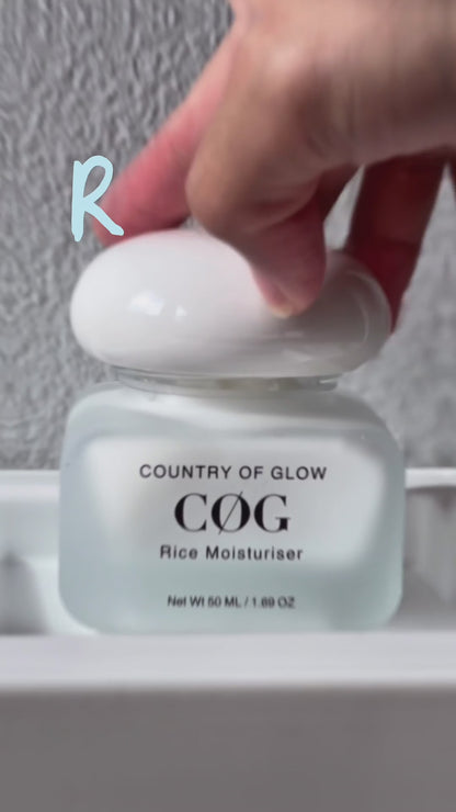 Country of Glow Rice Moisturiser shown in its jar, followed by a close-up of the cream’s texture and a person applying it to their face.