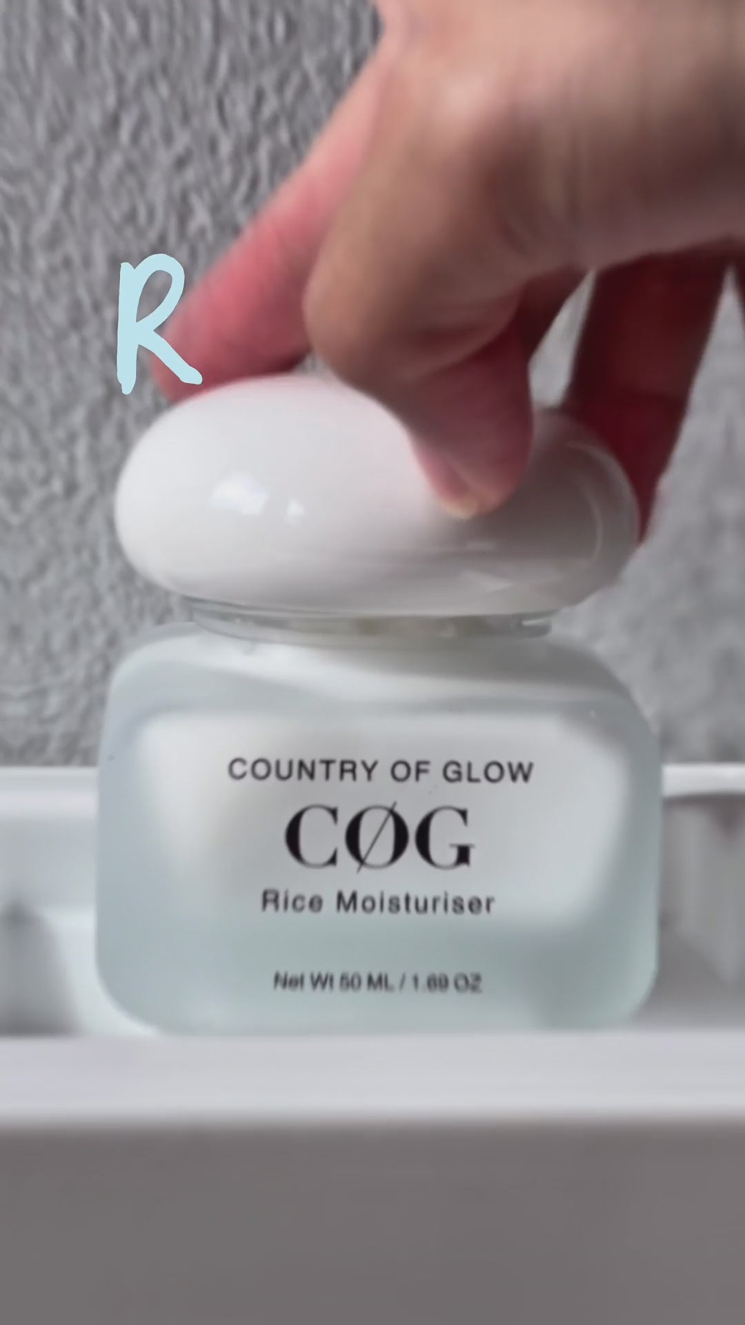 Country of Glow Rice Moisturiser shown in its jar, followed by a close-up of the cream’s texture and a person applying it to their face.